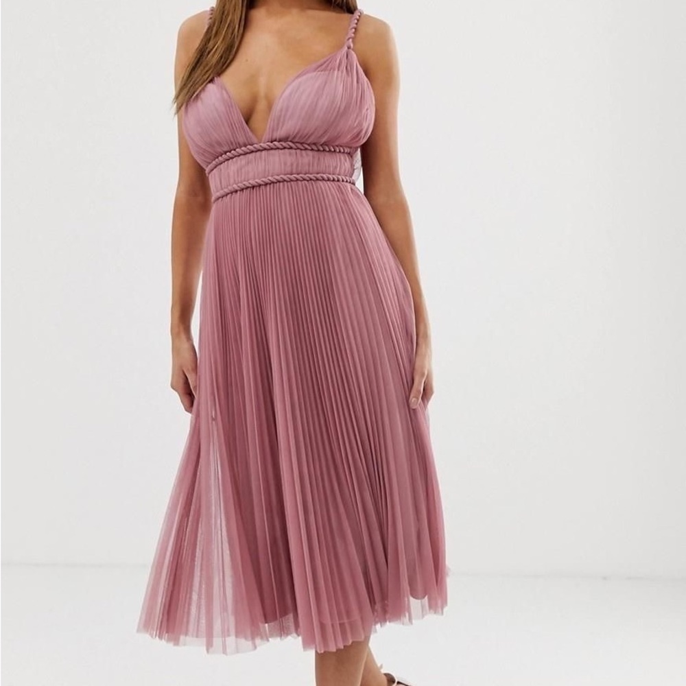 ASOS DESIGN belted pleated tulle cami midi dress in rose-Pink, Size 10
